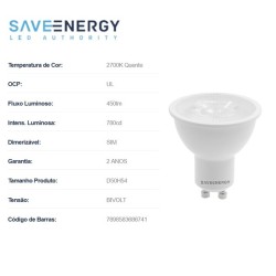 Lâmpada Dicróica 7W Dimerzável 2700K SE-130-565 - Saveenergy