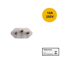 Plugue Macho Retangular 180º 2P+T 10A/250Vca Branco Mec-Tronic 39184