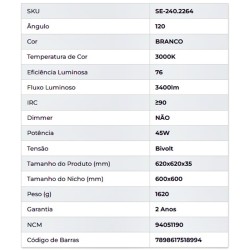 Plafon Painel LED Embutir Branco Quadrado 45W 62X62cm SE-240.2264 - Saveenergy